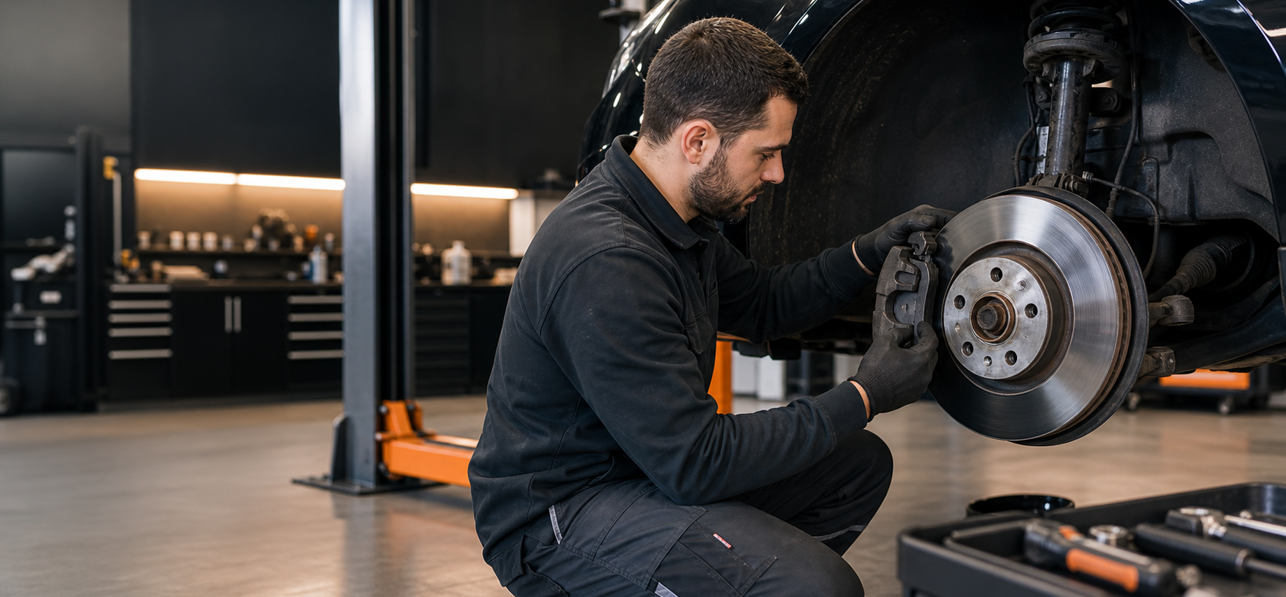 Mekaniker arbejder med bremser på en bil